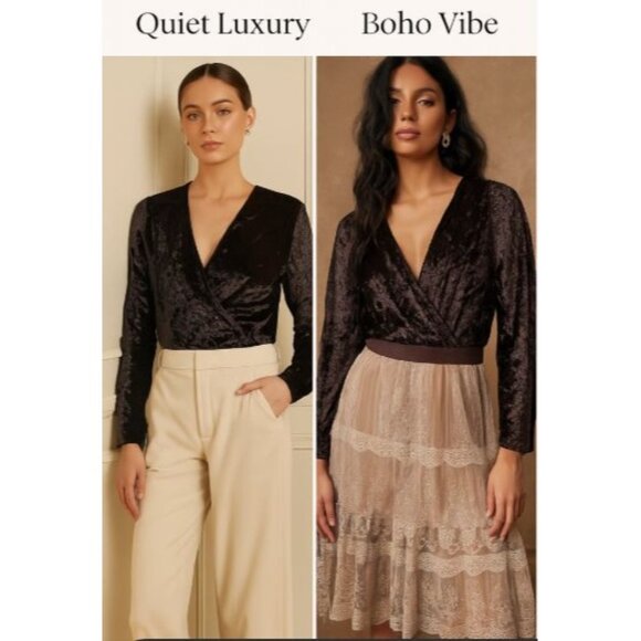 Free Press Black Crushed Velvet Long-Sleeve Wrap Bodysuit L  Boho Chic Quiet Lux - Picture 1 of 9